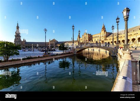 The famous Spain Square (Plaza de Espana). Seville, Spain.Built on 1928 ...