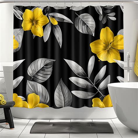 Black And White Floral Shower Curtain Modern Gray Bathroom Decor With