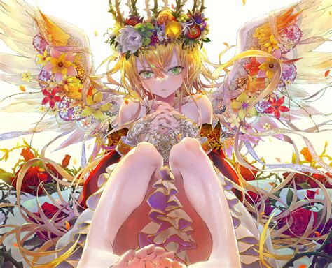 Aliasing Angel Barefoot Blonde Hair Crown Dress Flowers Green Eyes Long