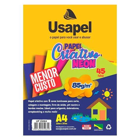 Papel Criativo Color Set A4 85g 5 Cores Neon 45 Folhas Usapel Na