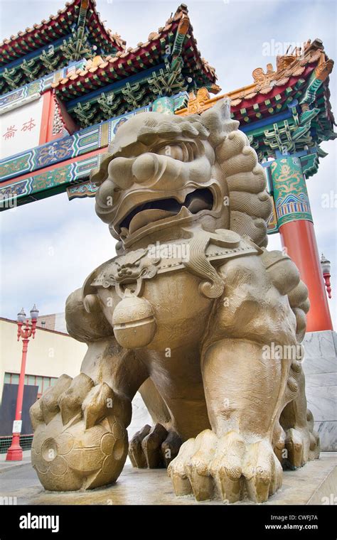 Chinese Male Foo Dog Prosperity Lion Statue At Chinatown Gate In