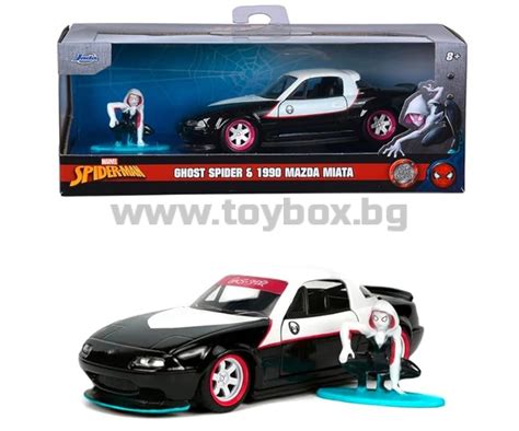 Марвел кола Ghost Spider 1990 Mazda Miata 1:32 Jada 14 см, с метална ...