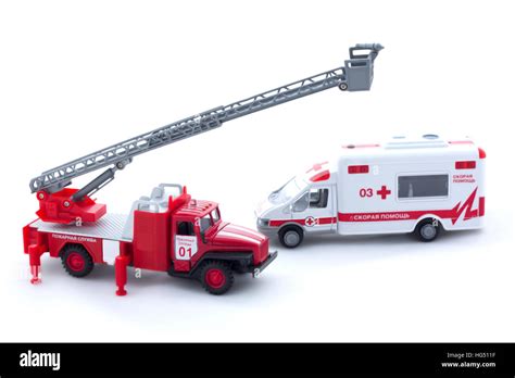 Toy fire truck and ambulance on a white background, isolated Stock ...