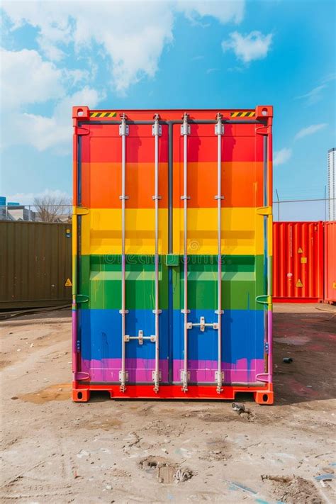 A Large Container With Rainbow Colors Painted On It Stock Image Image Of Industrial Storage