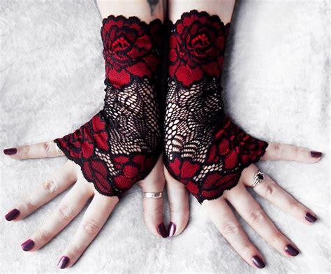 Aerona Lace Fingerless Gloves Deep Red Bordered Floral Black Net