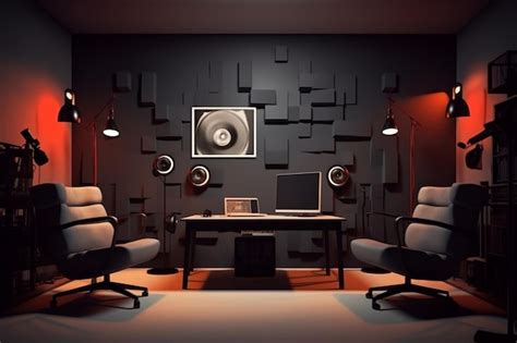 Premium AI Image | a room with a black wall with a picture of a record ...