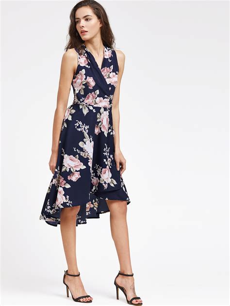 V Neckline Floral Print Dip Hem Dress Shein Sheinside