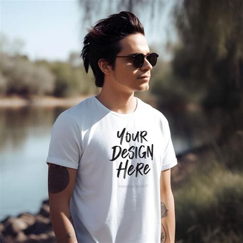 Premium PSD PSD Mockup Featuring A Brunette Male With Sunglasses Wearing A White T Shirt