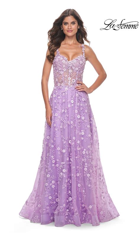 Sheer Bodice Long Floral Embellished Prom Dress