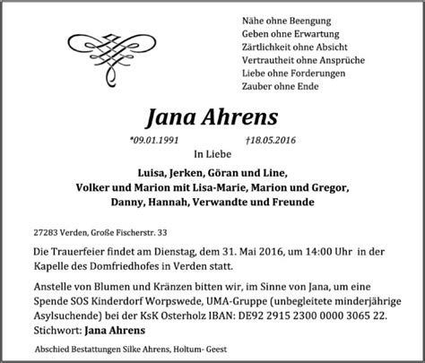 Traueranzeigen Von Jana Ahrens Trauer Kreiszeitung De