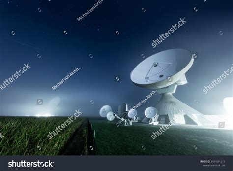 Satellite Dishes Raisting Earth Station Foggy Stock Photo 1191091012