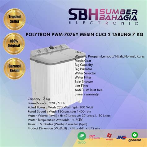 Jual POLYTRON PWM 7076Y MESIN CUCI 2 TABUNG 7 KG NEW KHUSUS BANDUNG