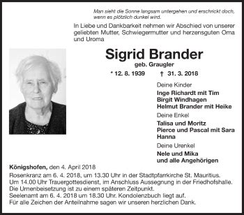 Traueranzeigen Von Sigrid Brander Trauerportal Ihrer Tageszeitung