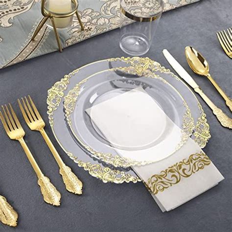 Nervure 175PCS Clear Gold Plastic Plates Gold Disposable Plates For