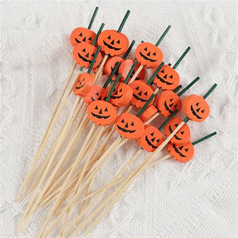 50pc Halloween Pumpkin Bamboo Disposable Fruit Fork Skewer Sandwich