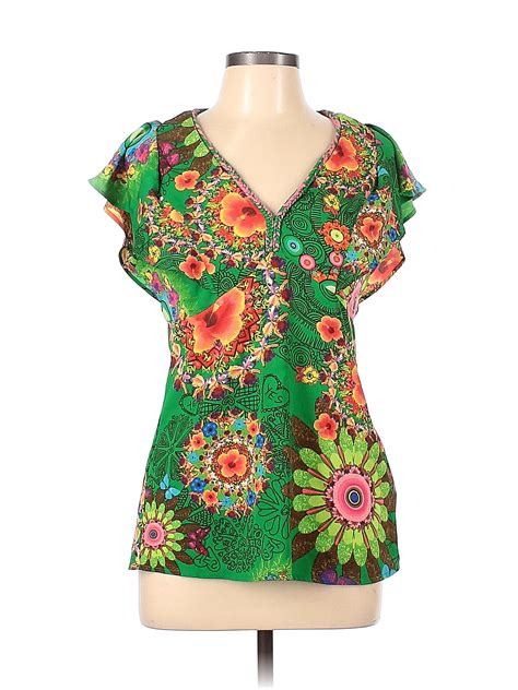 Desigual 100 Polyester Green Short Sleeve Blouse Size L 63 Off