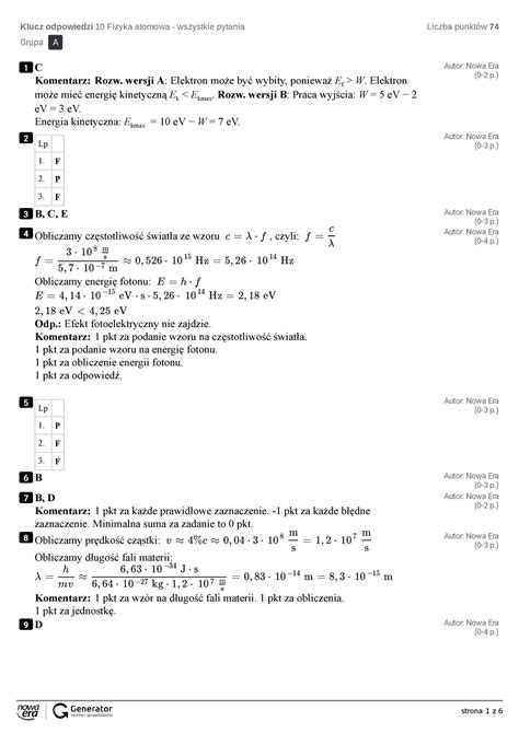 Klucz Odpowiedzi Test Klucz Odpowiedzi Fizyka Atomowa