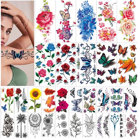 42 Sheets Flowers Temporary Tattoos Stickers Roses Butterflies And Multi Colored Mixed Style