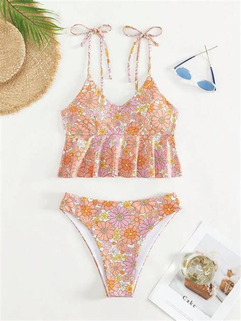 SHEIN SHEIN Swim Mod Allover Floral Print Ruffle Hem Bikini Swimsuit