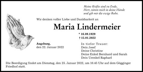 Traueranzeigen Von Maria Lindermeier Allg Uer Zeitung