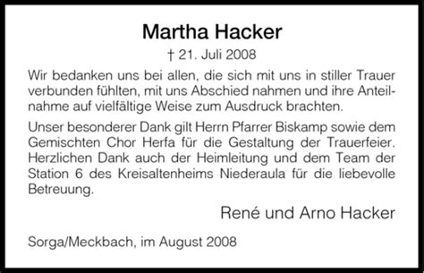 Traueranzeigen Von Marta Hacker Trauer Hersfelder Zeitung De