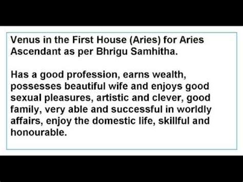 Venus In The First House For Aries Ascendant As Per Bhrigu Samhitha