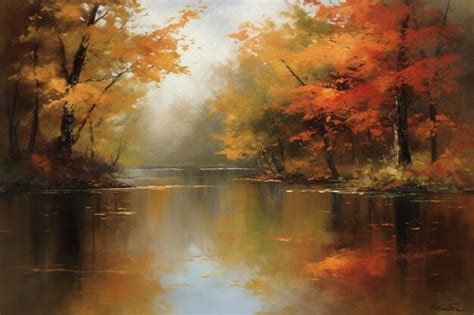 Premium AI Image | A painting of a river with autumn leaves