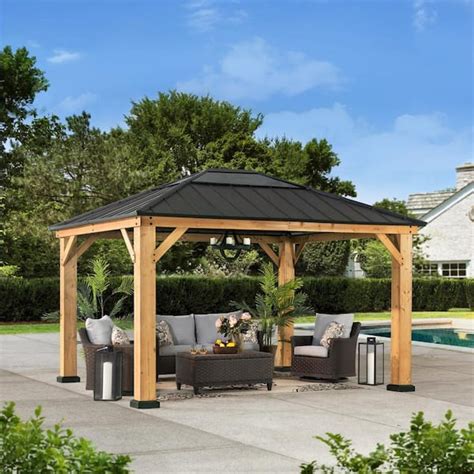 Sunjoy Mavis 13 Ft X 11 Ft Cedar Framed Gazebo With Black Steel And Polycarbonate Hip Roof