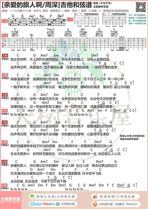 周深 千与千寻主题曲中文版 亲爱的旅人啊（大树音乐屋） 弹唱 和弦谱 吉他谱