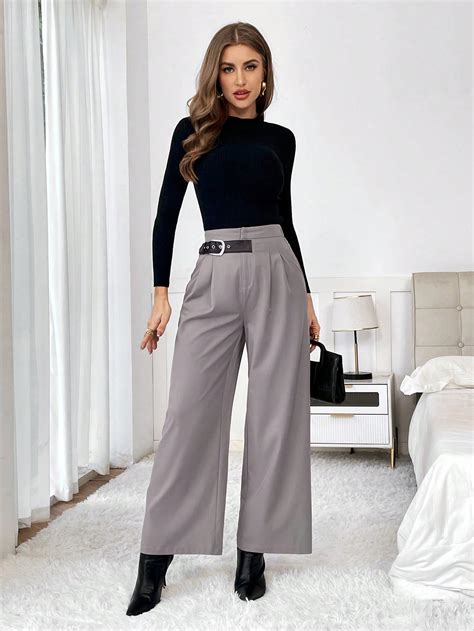 Shein Essnce Pantalones De Traje De Talle Alto Con Fruncido De Pierna