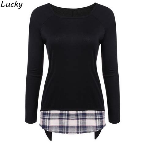 Women T Shirt Casual Round Neck Raglan Long Sleeve Pullover Plaid