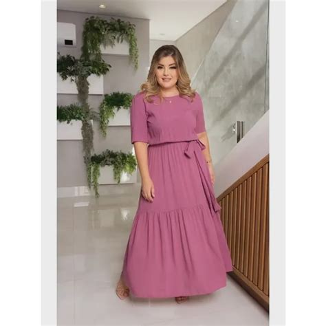 Vestido Midi Rosa Viscose Duas Marias Moda Evangélica Modesta e