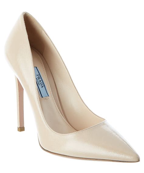 Prada Saffiano Patent Pointy Toe Pump In Beige