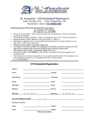 Fillable Online Anastasia CYO Basketball Registration Fax Email Print