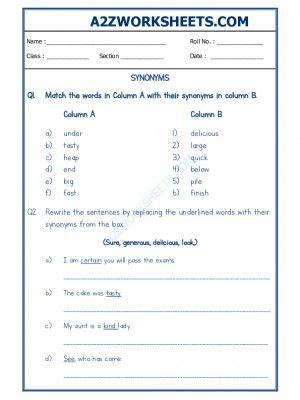 A Zworksheets Worksheet Of Class Lll Synonyms Grammar English