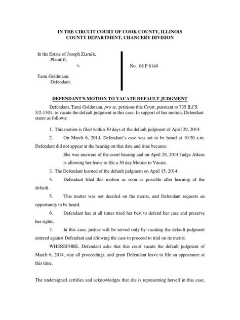 Defendant S Motion To Vacate Default Judgment Pdf