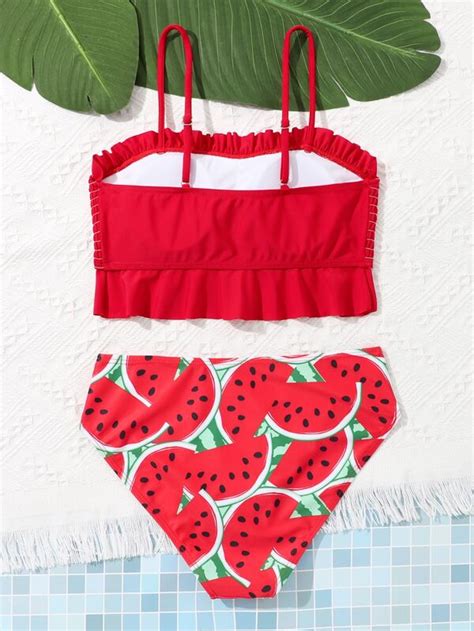 Shein Teen Girls Watermelon Print Smocked Ruffle Hem Bikini Swimsuit