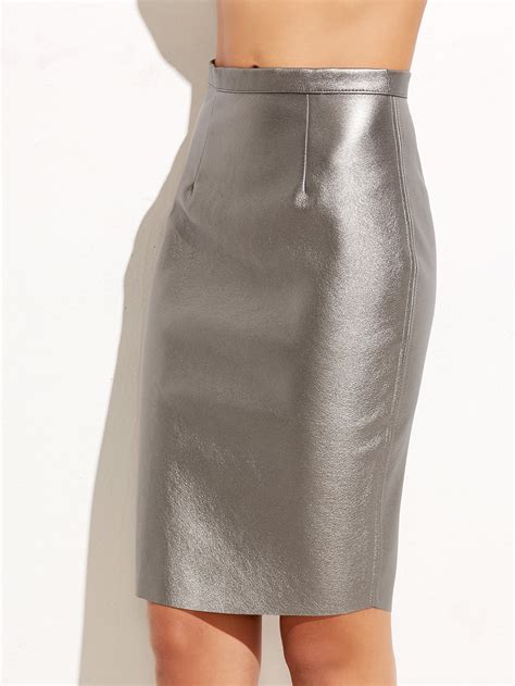 Metallic Silver Zipper Back Fitted Skirt Shein Sheinside