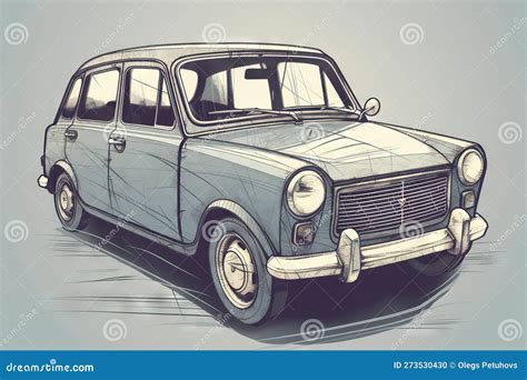 A Drawing of an Old Car on a Gray Background with a Blue Sky in the ...