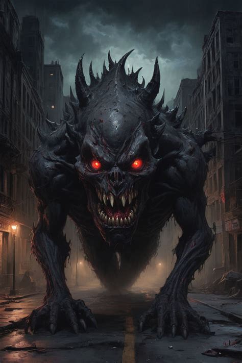 Oil Painting Of A Monstrous Entity With Glowing Red Eyes And By