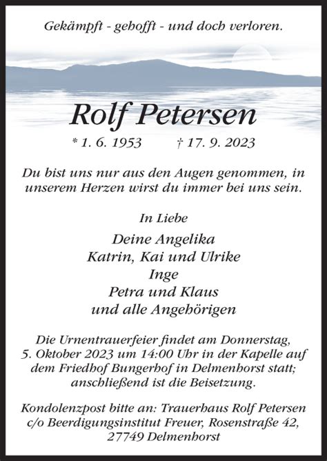 Traueranzeigen Von Rolf Petersen Noz Trauerportal