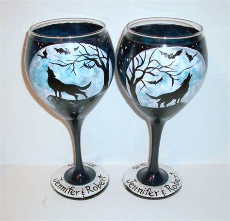 Wolves Howling At The Moon Hand Painted Wine Glasses Set Of 2 Etsy