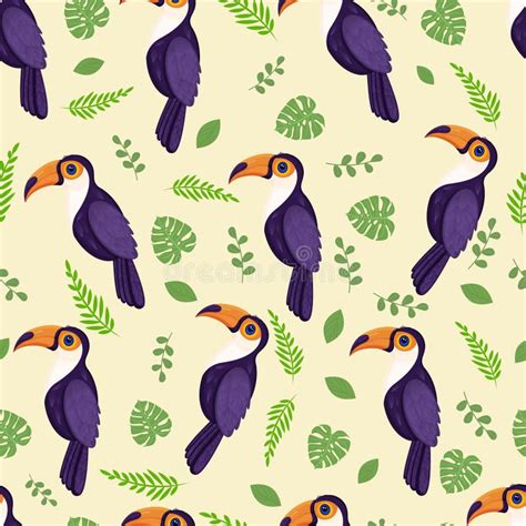 Seamless Texture With Tropical Bird Toucan And Leaves Pattern Vector