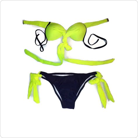 Damen Bikini Set Neon Gelb Blau Teilig Push Up Schlaufe Schleife
