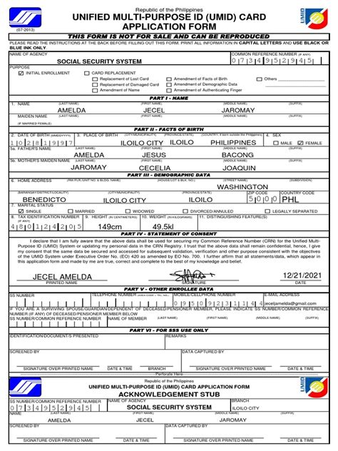 Application Form Unified Multi Purpose Id Umid Card Pdf Identity Document Government