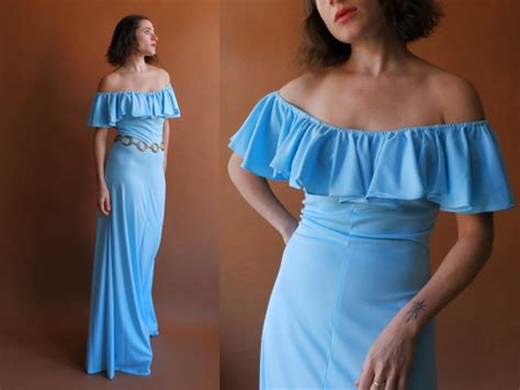 Vintage S Off The Shoulder Baby Blue Maxi Dress Siz Gem