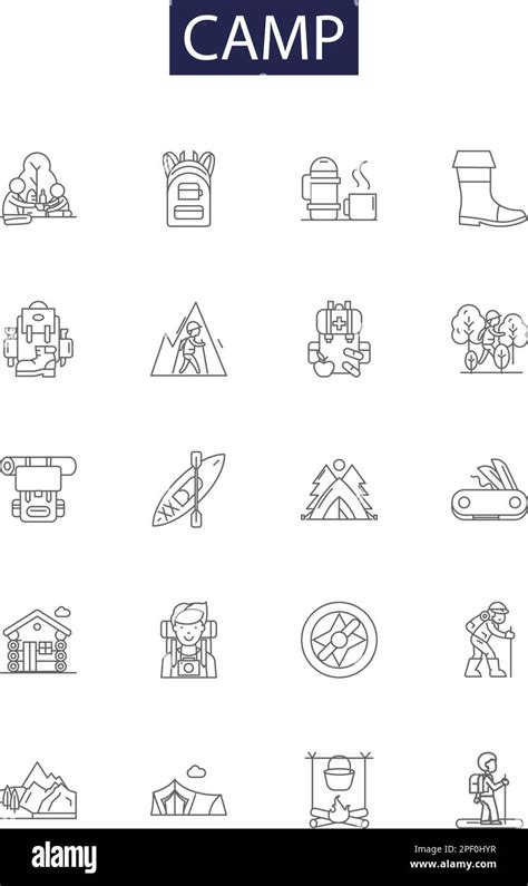 Camp line vector icons and signs. Outpost, Tent, Outing, Outdoors, Retreat, Wilderness, Holiday ...