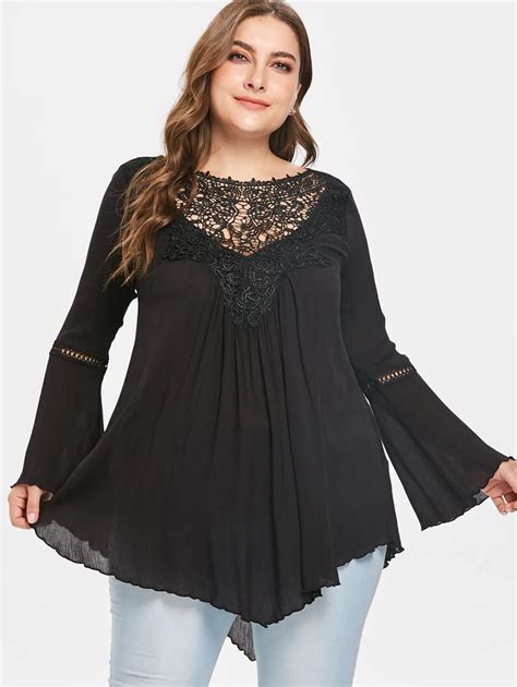 Wipalo Plus Size 5XL Asymmetrical Lace Panel Tunic Blouse Casual Solid