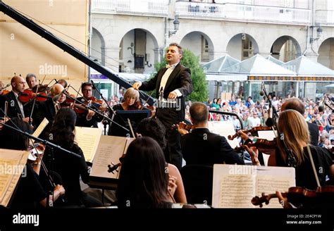 Coruna Spain Orchestra Conductor Conducting The Musicians Of The