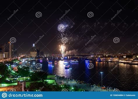 Dubai, United Arab Emirates - June 4, 2019: Fireworks Over Dubai Creek ...